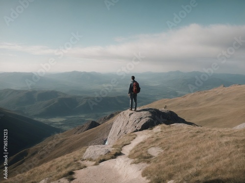 Man Standing on Top of Mountain With Backpack. Generative AI. © theartofphoto