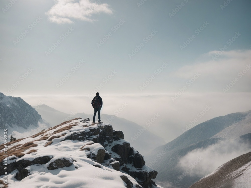 Man Standing on Snow Covered Mountain Summit. Generative AI.