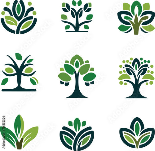 set of green plants, set of trees, trees icon sets