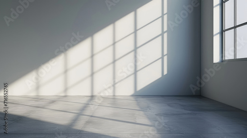 Empty room with minimalist light grey wall background with sun shadow for product presentation