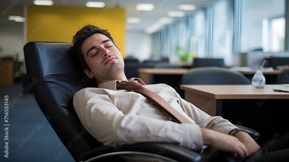 Young employee taking a relaxed break in the office , Young employee, relaxed break, office Young employee taking a relaxed break in the office , Young employee, relaxed break, office
