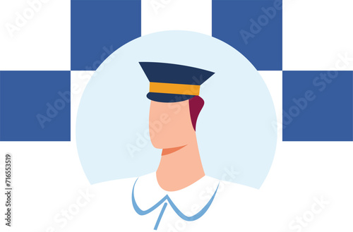 Profile of a male pilot with hat in uniform stylized design. Airline captain avatar with minimalistic background vector illustration.