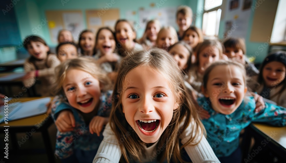 Un grupo de niños alegres jugando juntos y divirtiéndose en el colegio.Mirando a cámara y sonriendo. Imagen selfie. Concepto de amistad - obrazy, fototapety, plakaty 