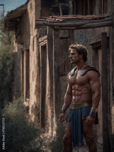 Shirtless Man Standing in Front of a Building in the City Center. Generative AI.