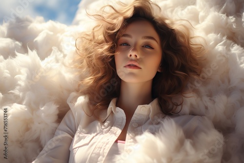 woman sitting on a cloud. Illustration of relaxation and illusion of weightlessness and daydreaming. Blue sky background with white fluffy swirl. Concept: Dreams, sleep
