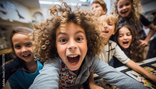 Un grupo de niños alegres jugando juntos y divirtiéndose en el colegio.Mirando a cámara y sonriendo. Imagen selfie. Concepto de amistad