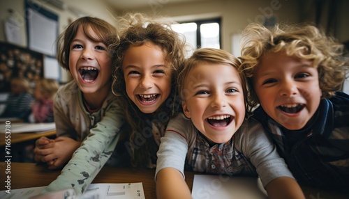Un grupo de niños alegres jugando juntos y divirtiéndose en el colegio.Mirando a cámara y sonriendo. Imagen selfie. Concepto de amistad photo