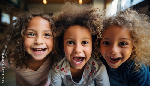 Un grupo de niños alegres jugando juntos y divirtiéndose en el colegio.Mirando a cámara y sonriendo. Imagen selfie. Concepto de amistad photo