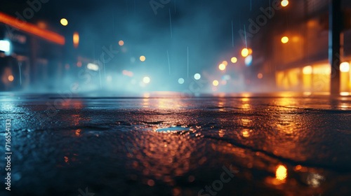 Wet asphalt reflection of neon lights