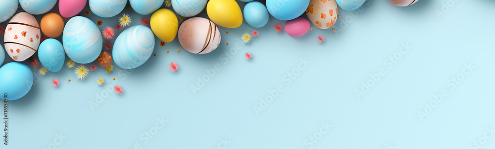 Osterbanner mit bemalten Eiern  auf hellblauem Hintergrund. Draufsicht, flach gelegt mit Kopierraum