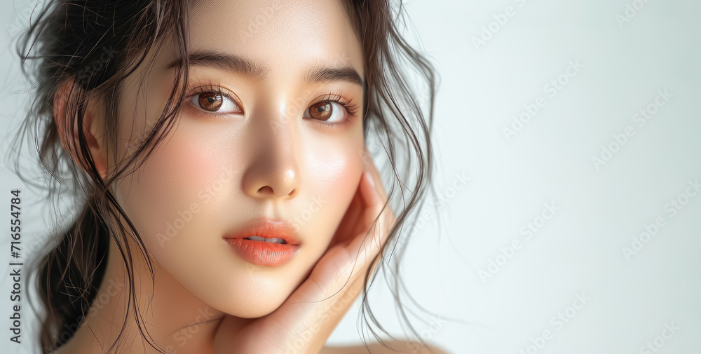 Young asian beauty woman with clean fresh skin on white background, .beauty and spa , Face care and treatment, Cosmetology - obrazy, fototapety, plakaty 
