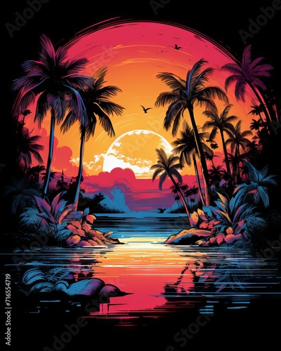 Tropical paradise: A colorful and vibrant background with palm trees and flowers for t-shirt design