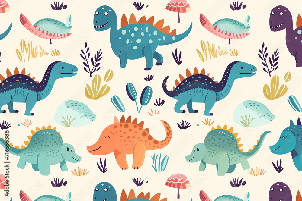 Obraz premium Childish dinosaur seamless pattern with lettering for fashion design. Hand drawn vector illustration of cute dinosaurs in pastel colors.