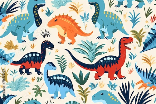 Childish dinosaur seamless pattern with lettering for fashion design. Hand drawn vector illustration of cute dinosaurs in pastel colors. photo