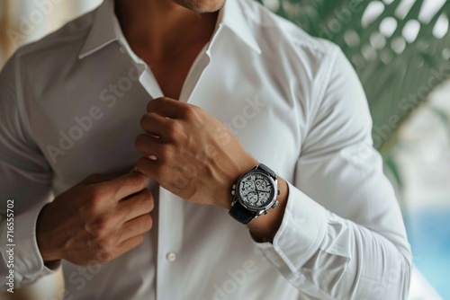 Crisp style man buttoning white shirt, accentuated by a stylish watch photo