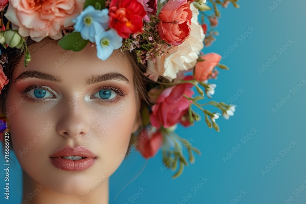 Beauty woman portrait with wreath from flowers on head blue background