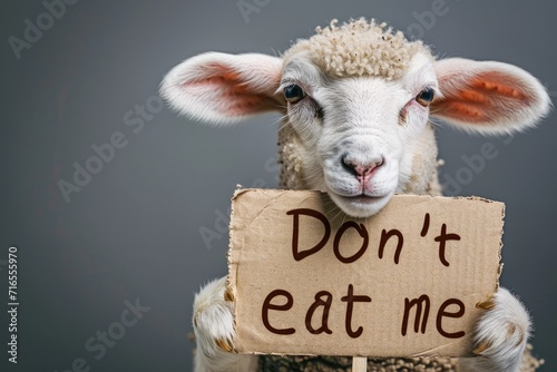 A charming young lamb gazes at the camera while holding a cardboard sign with the handwritten plea Dont eat me displayed prominently.