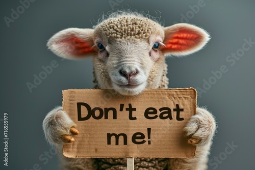 A charming young lamb gazes at the camera while holding a cardboard sign with the handwritten plea Dont eat me displayed prominently.
