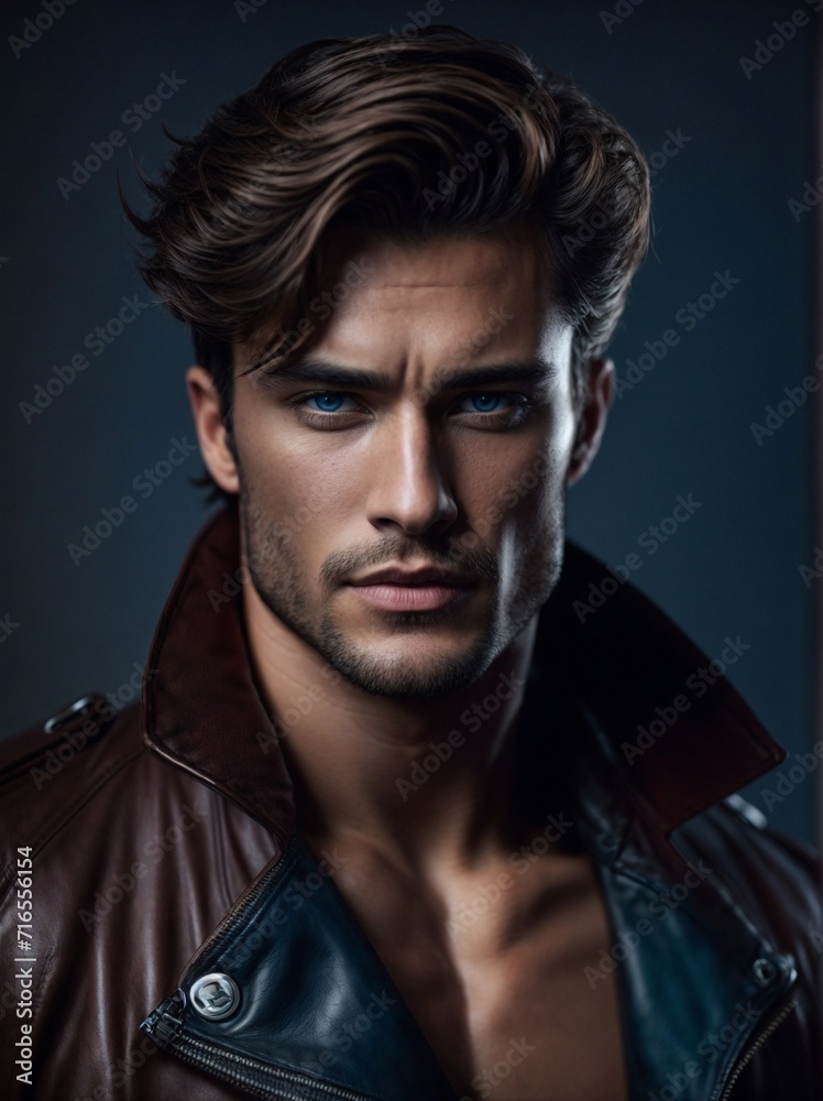 Fototapeta premium Man in Leather Jacket Looking at Camera, Cool, Confident, and Approachable. Generative AI.