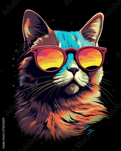 Cool cat in sunglasses: a colorful vector art illustration for t-shirt design © Ameer
