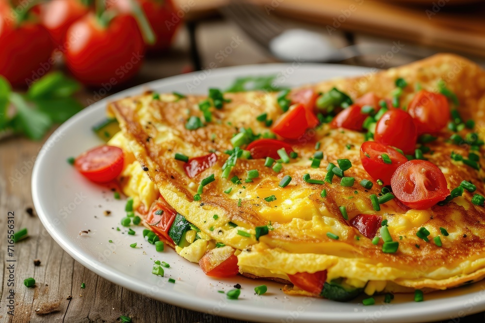 Healthy breakfast food, stuffed egg omelette with vegetable Healthy breakfast food, stuffed egg omelette with vegetable