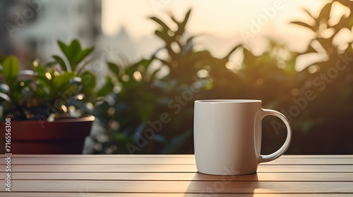 Balcony View of a ivory Mug on a wooden Table. Close up with a blurred Background