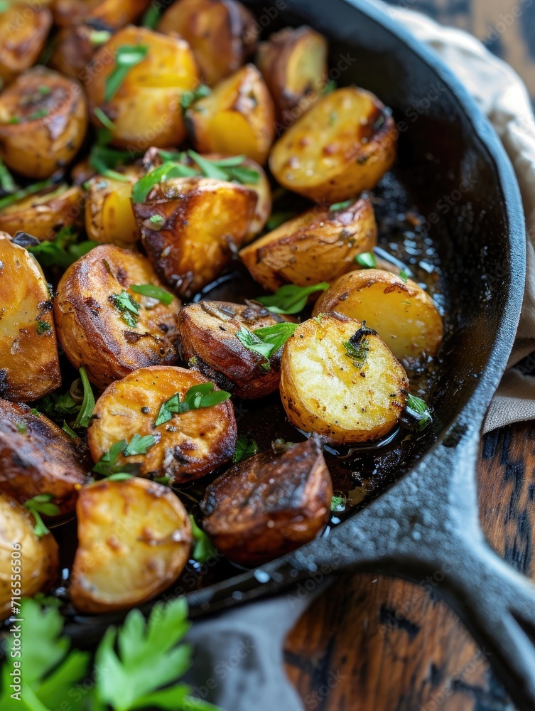 Roasted baby potatoes in iron pan. Roasted baby potatoes in iron pan.