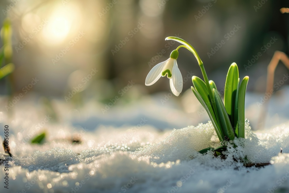 custom made wallpaper toronto digitalSnowdrop flowers blooming in snow covering. First spring flowers