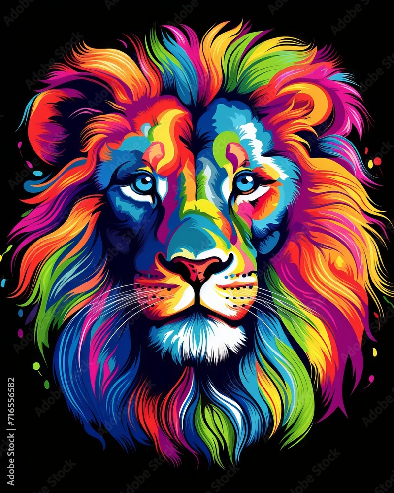 Colorful vector illustrations of a lion's face in vibrant hues for t-shirt design