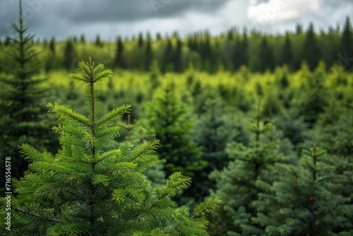 Spruce trees nursery or plantation  growing a young forest.