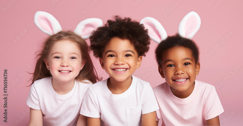 Portrait of three laughing children wearing bunny ears on pink background