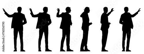 Vector concept conceptual black silhouette of a businessman making a presentation from different perspectives isolated on white. A metaphor for confidence, leadership, business, competence and vision