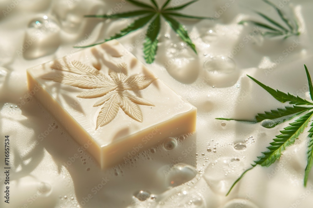 CBD soap cannabidiol with cannabis leaves on a light background CBD soap cannabidiol with cannabis leaves on a light background
