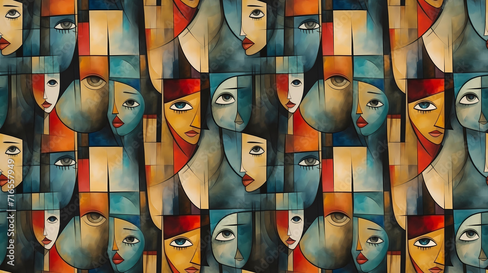 Naklejka premium Modern female face seamless pattern in the style of Cubism, Neoplasticism and Bauhaus. Perfect woman for interior design, printing