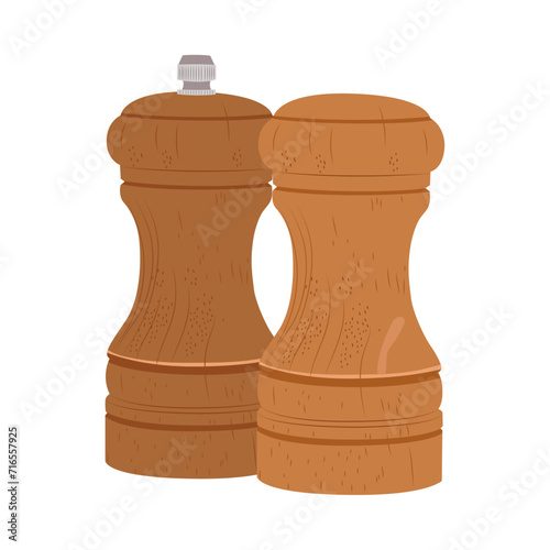 Wooden pepper and salt grinder. Pepper and salt shaker in minimalistic style isolated on white background.	