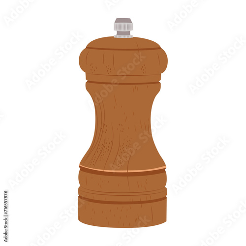Wooden pepper or salt grinder. Pepper shaker in minimalistic style isolated on white background.