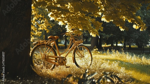Golden bicycle in fresh summer park