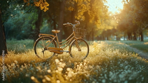 Golden bicycle in fresh summer park © buraratn