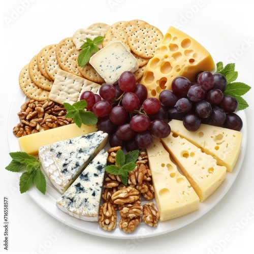 Assorted Plate of Cheese, Crackers, Grapes, and Nuts for Snacking