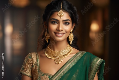 A young smiling woman of Indian ethnicity wearing traditional bridal costumes and jewellery.