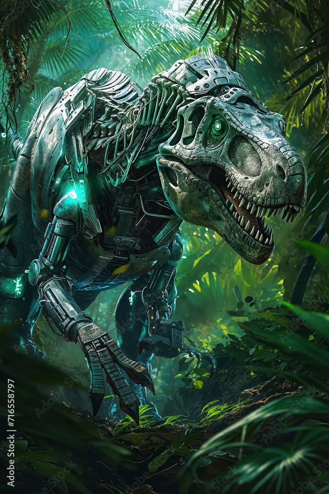 Obraz premium Robotic Dinosaur Amongst Tropical Foliage