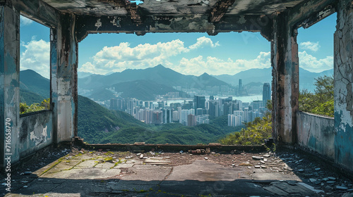 An Empty View of the Slightly Run-Down Old Victoria Peak Pavilion in Hong Kong with Mountains and City in the Background © Abderrahman