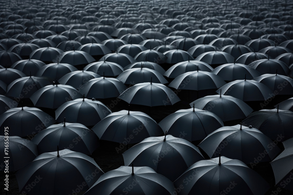 Obraz premium Top view of a frame filled with black umbrellas in rain