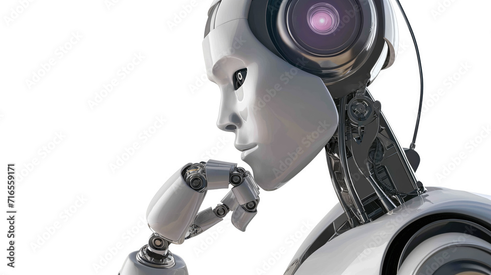 Breaking Barriers, A Humanoid Robot Thinking Process on a White Background, Generative AI Breaking Barriers, A Humanoid Robot Thinking Process on a White Background, Generative AI