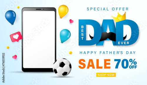 Fathers day Sale, up to 70% off - web banner with paper heart and smartphone. Best Dad Ever lettering with mustache, copy space design with empty phone and promotion text. Vector illustration