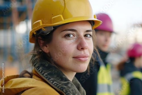 Female construction worker in helmet at construction site