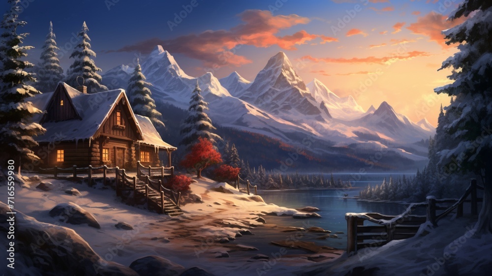 A captivating background featuring a snowy mountain vista, bathed in warm sunlight, with a heart-shaped clearing and a rustic cabin, creating a serene and romantic atmosphere  - Generative AI