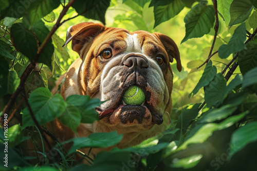 Playful Bulldog Holding Tennis Ball in Lush Foliage