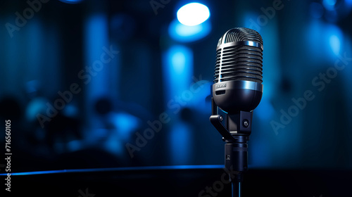 Microphone on stage in a happy atmosphere in singing and playing music