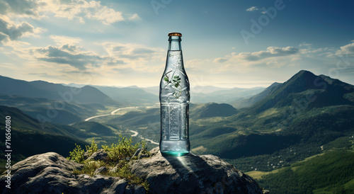 a bottle of water sits on the edge of a rock and has the mountains in the background